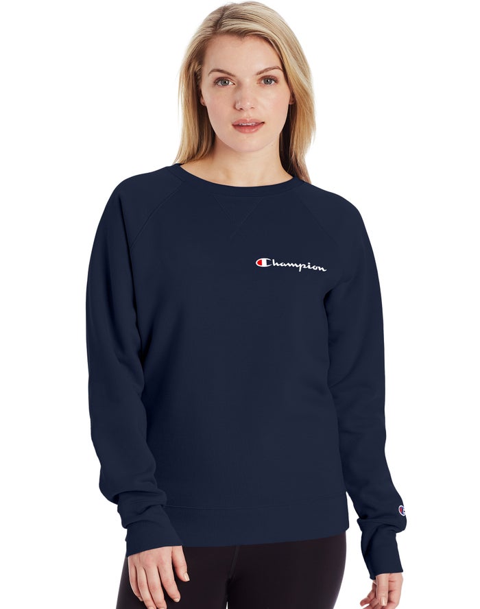 Champion Powerblend Fleece Classic Crew Script Logo Sweatshirt Dames - Donkerblauw - Belgie 7054HJOW